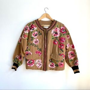 Anthropology Needlepoint Floral Bomber in Khaki